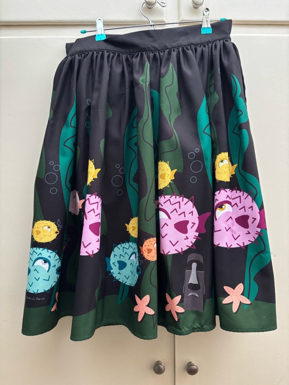 The Oblong Box Shop: Whimsical Puffer Fish Print Skirt in Black & Green - Picture 4 of 10